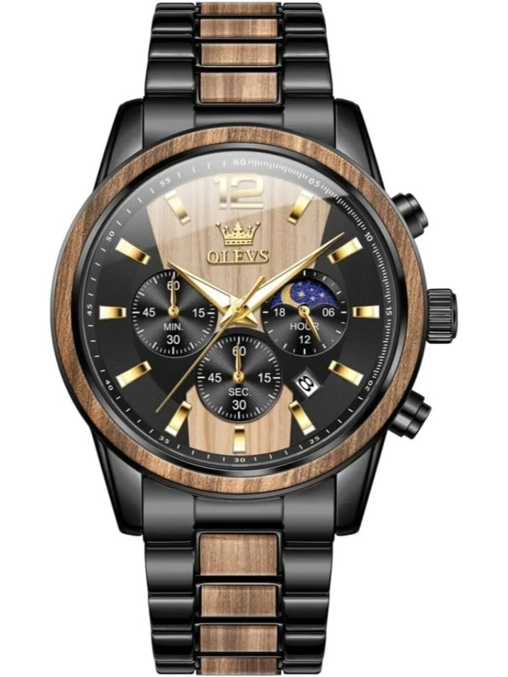 Men's Black Quartz Stainless Steel Waterproof Luminous Date Luxury Wooden Watch